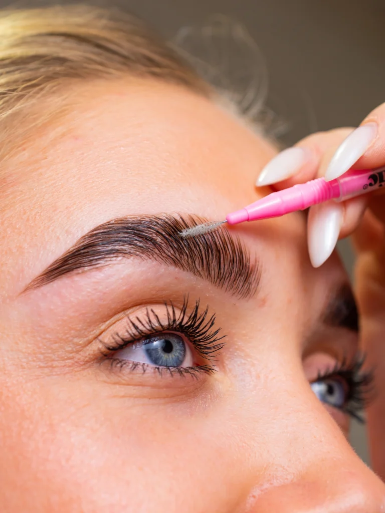 Szemöldök kezelése pink applikátorral közeli beauty felvételen
