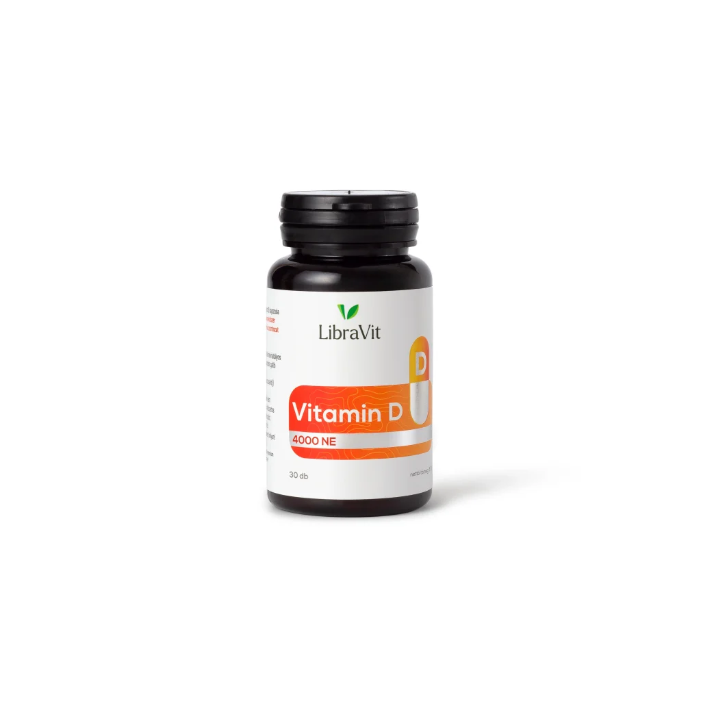 D-vitamin 4000 NE étrend-kiegészítő fekete tégelyben, fehér háttéren.