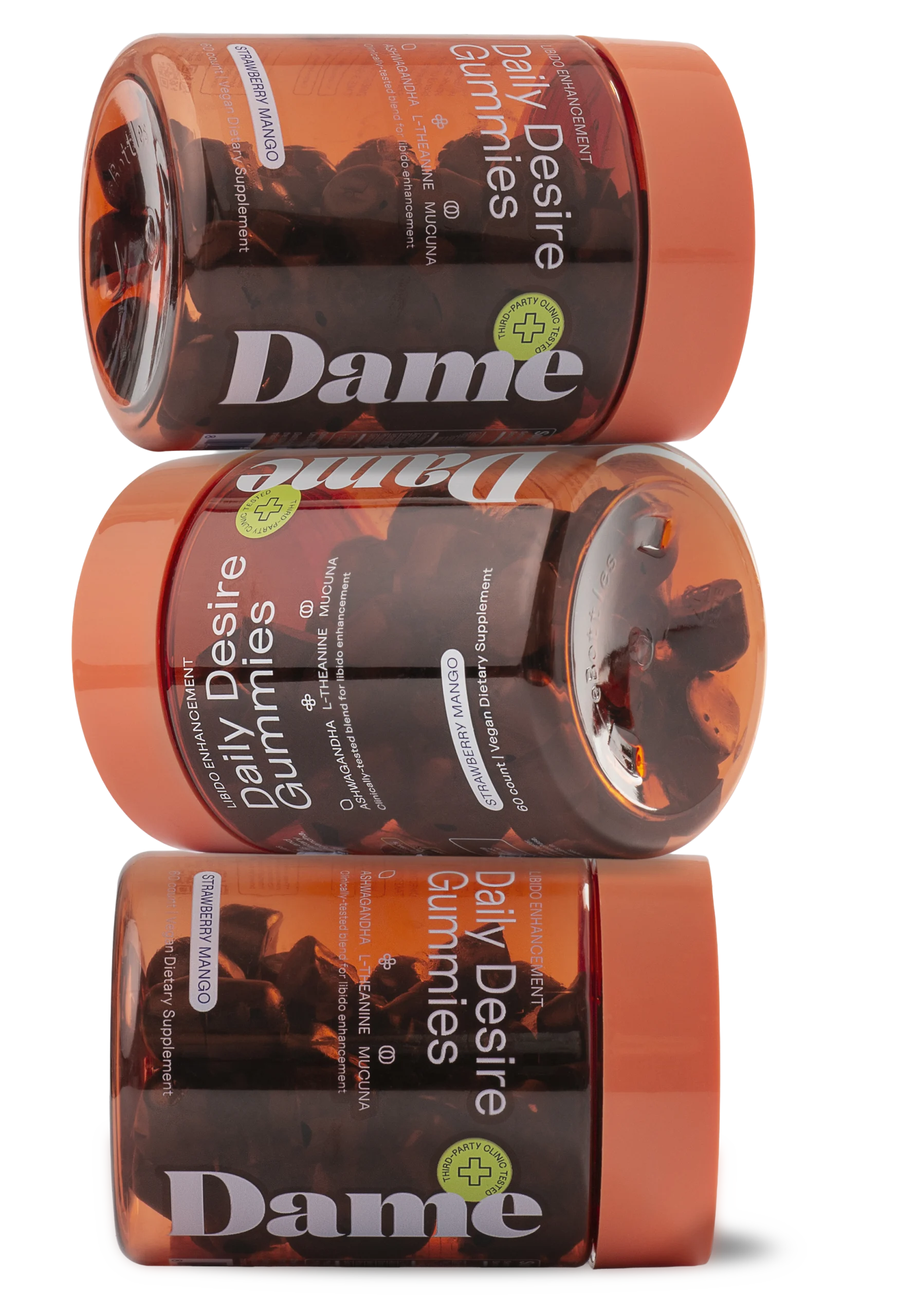 Három Dame Daily Desire Gummies étrend-kiegészítő üveg egymásra helyezve