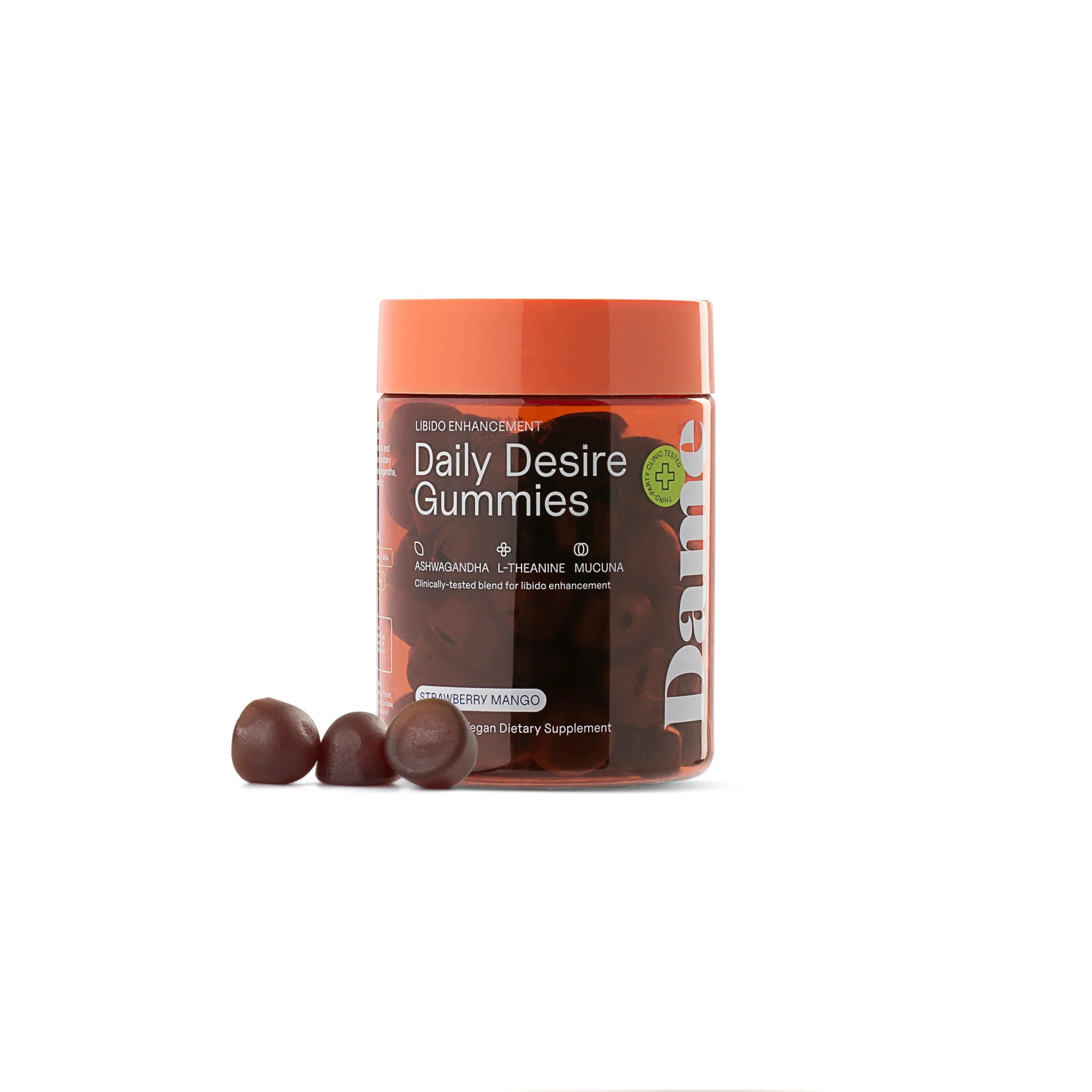 Dame Daily Desire Gummies narancssárga tégely gumicukrokkal fehér háttéren