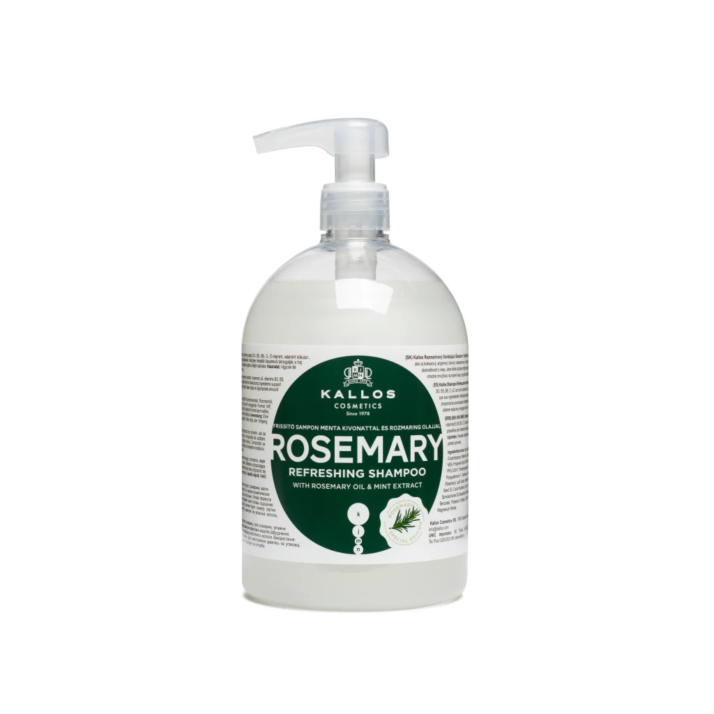 Kallos Rosemary Refreshing Shampoo áttetsző pumpás flakon zöld címkével