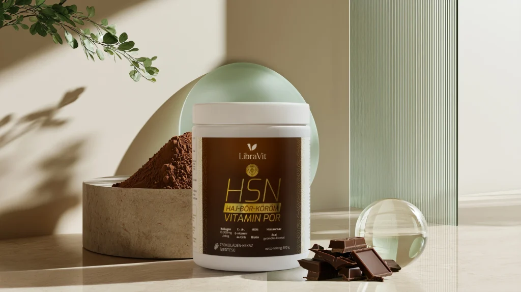LibraVit HSN haj-bőr-köröm vitamin por csokoládédarabokkal és kakaóporral, elegáns bézs-zöld kompozícióban.