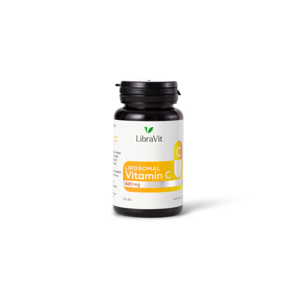 Liposzómás C-vitamin fekete tégelyben, fehér háttéren.