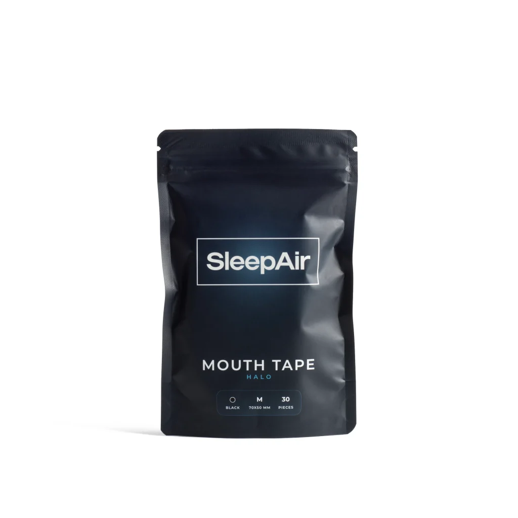 SleepAir Halo fekete szájtapasz álló csomagolása fehér háttéren.