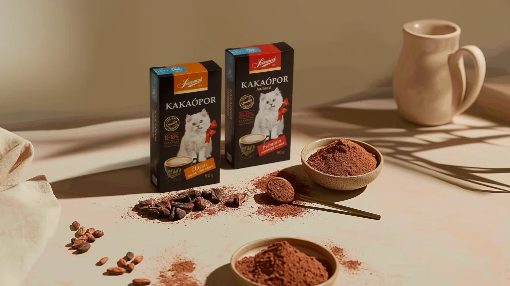 Szerencsi kakaópor csomagolások kakaóbabbal és kakaóporral, meleg tónusú kreatív kompozícióban.